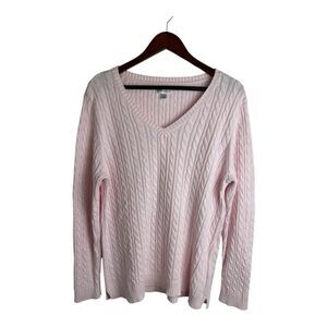 Croft & Barrow Cable Knit Sweater Womens Size L Baby Pink V Neck Preppy Cotton